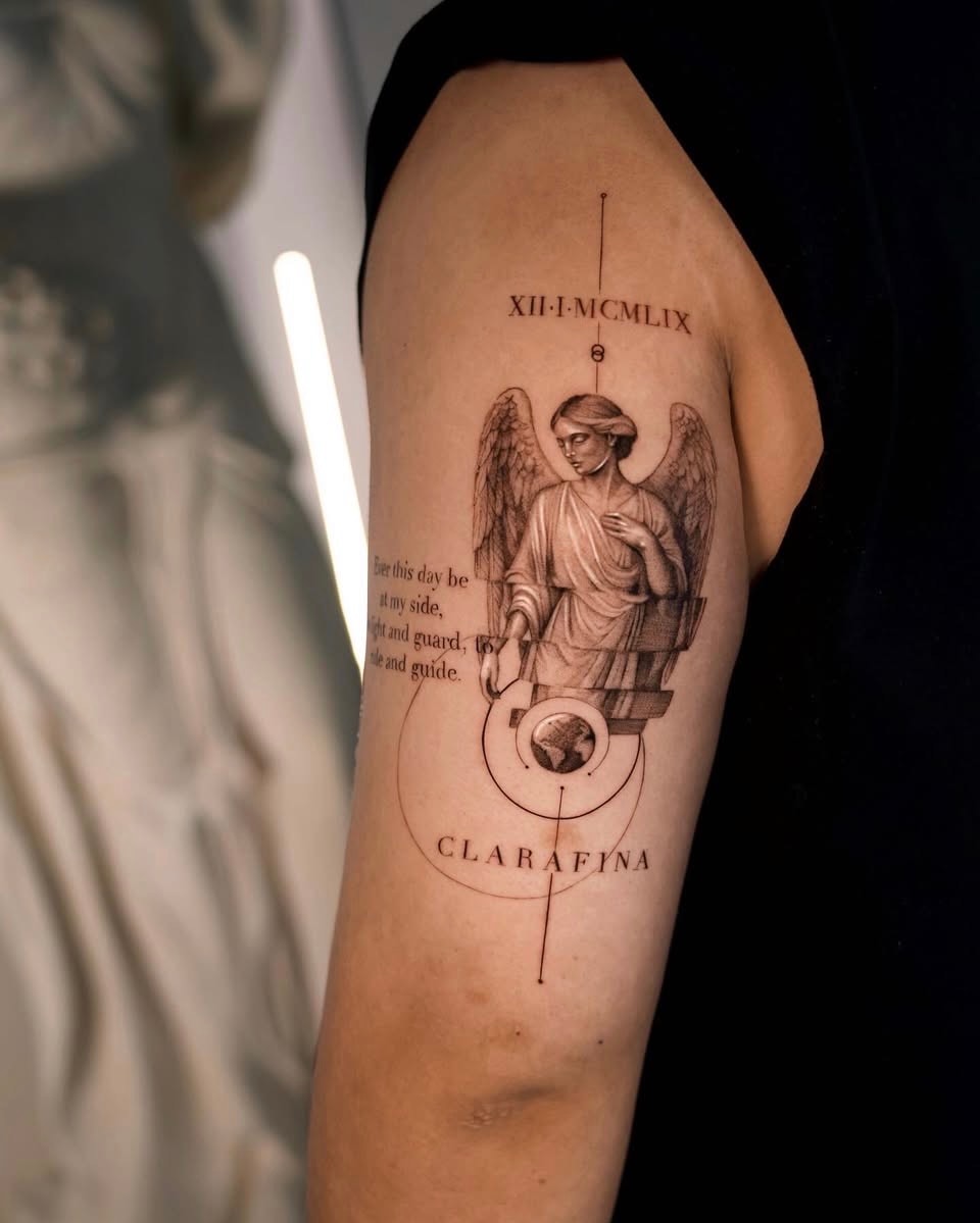 Custom illustrative tattoo in progress — fine line technique by JD Tattoo Art NYC